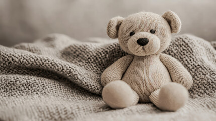 A knitted teddy bear sits on a textured knitted blanket, both in soft beige tones, evoking warmth and comfort.