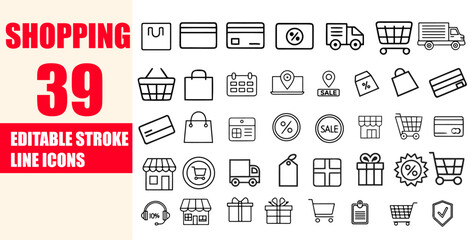39 Editable Stroke Shopping Line Icons  E-commerce, Retail, and Online Shopping Symbols