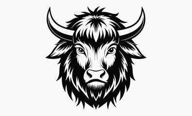 Yak head silhouette, Yak Head in Silhouette Vector, Strong Black Vector Art for Rustic Animal Illustration 