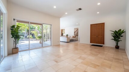 Bright, spacious interior of a modern home.  Large windows overlook a patio area