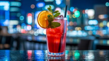 A close-up photograph of a vibrant red cocktail in a tall clear glass with vertical ridges, positioned on a reflective dark surface .