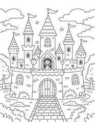 Fototapeta premium A happy girl waves from a fairytale castle with flags and clouds princess waving