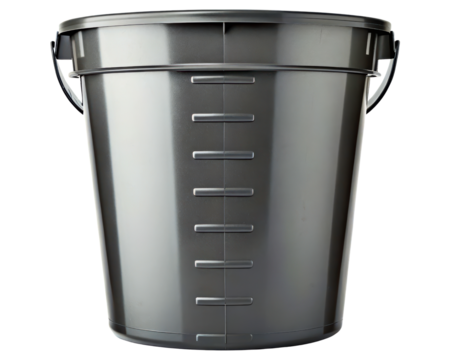 Silver plastic mixing bucket with measurement markings on a transparent background