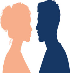 Striking minimalist silhouettes of a man and woman facing each other in profile, symbolizing connection, communication, relationship dynamics, and human interaction, ideal for conceptual designs.
