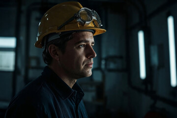 Close-up of a focused worker in a yellow hard hat and goggles, set against a dark industrial background.