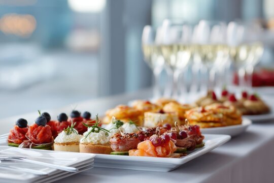 Elegant finger food and champagne are arranged for an office corporate catering event in a bright meeting room