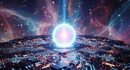 Illuminated Orb of Energy Emanating from Advanced Technological Platform Against a Cosmic Background