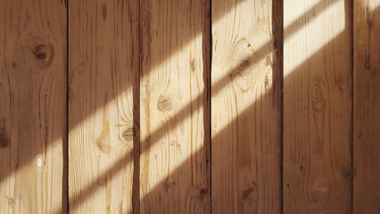 Sunlight streams through a window, casting shadows on a rustic wooden wall, creating a warm and inviting atmosphere.
