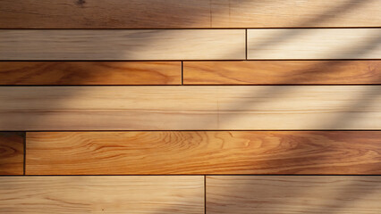 Wooden planks background with sunlight and shadows, creating a warm and inviting atmosphere.