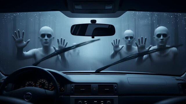 Terrifying figures in front of car windshield, horror film concept. Ghostly apparitions, scary road trip, paranormal encounter. Halloween frights, haunted forest, mystery, nightmare fuel.
