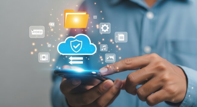 A man uses a smartphone with cloud computing security features