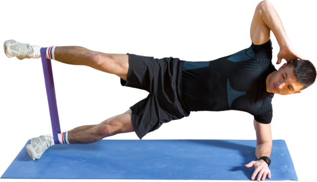 Athletic guy in sportswear and fitness tracker doing exercises in gym. - Powered by Adobe