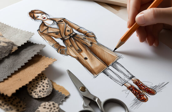 A fashion designer is sketching an outfit on paper, using crayons and fabric samples of brown leather