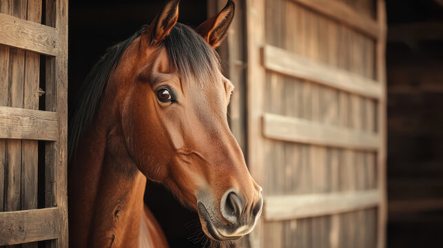 A close-up of a brown horse peeking out from a wooden stable with soft lighting highlighting its face and expressive eyes.