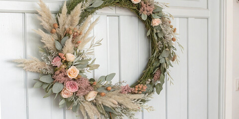Beautifully arranged autumnal wreath with pink and cream roses, dried flowers, and eucalyptus leaves hangs on a white door, creating a warm and inviting atmosphere for the fall season