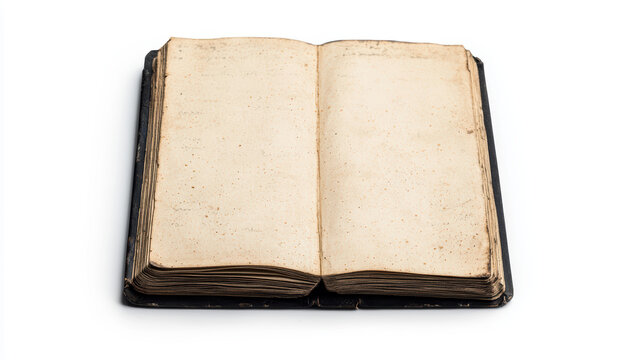 An old, weathered book lies open, showing blank, yellowed pages with visible age marks against a plain white background. - Powered by Adobe