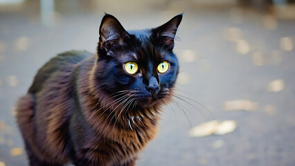 Elegant black cat with striking yellow eyes, captured in a close-up portrait with blurred background.