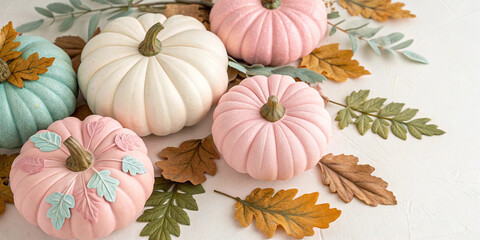 Stylish pastel colored pumpkins and dried autumn leaves are arranged on a white textured surface, evoking a festive and atmospheric halloween scene