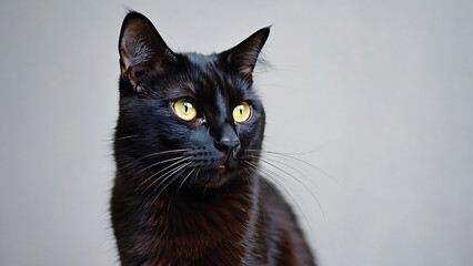 A sleek black cat with striking yellow eyes gazes intently into the distance against a neutral background.