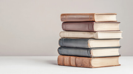 A neat stack of six vintage hardcover books with varying shades of brown and gray covers sits on a plain surface against a neutral background.