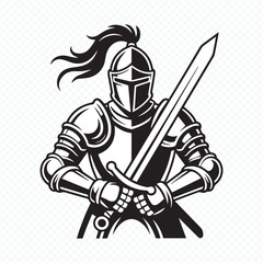 black and white medieval knight vector for gothic, historical, fantasy projects, logos, icons, graphic design templates