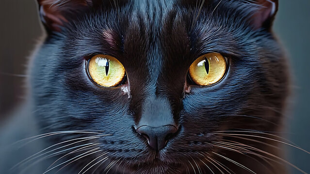 Intense gaze of a black cat with striking yellow eyes, captured in a close-up portrait.