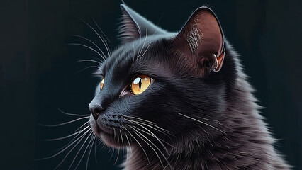 Elegant black cat portrait with striking yellow eyes and a sleek, dark coat against a dark background.