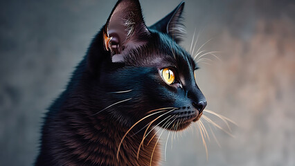 Elegant black cat portrait with golden eyes, showcasing sleek fur and a mysterious, captivating gaze.