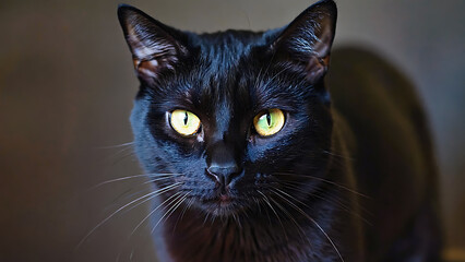 Portrait of a sleek black cat with piercing green eyes, showcasing its elegant features.