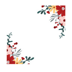 Boho Wildflower Floral Frame in Pink and Red for Wedding and Greeting Cards