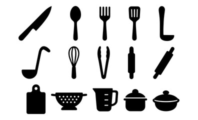 Silhouette kitchen utensils collection: essential tools for cooking and baking