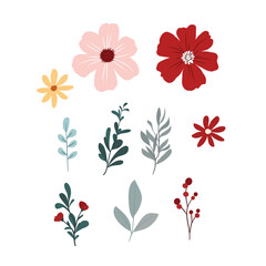 Wildflower Elements in Pink and Red for Wedding, Greeting Cards, and Creative Designs