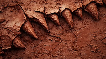 Close-up of cracked dry soil with sharp, triangular protrusions resembling teeth or claws embedded in the earth.
