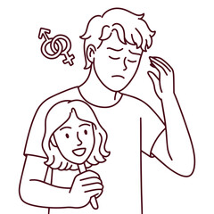 Black and white line drawing of dark-skinned transgender man holding female mask and expressing gender identity confusion and emotional struggle