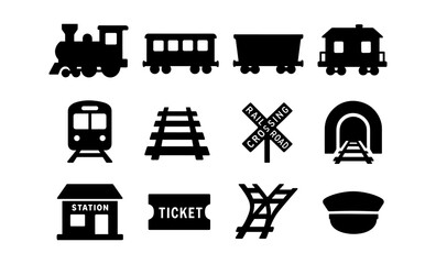 Train icons set: silhouette style of locomotive, tracks, ticket, and crossing signs