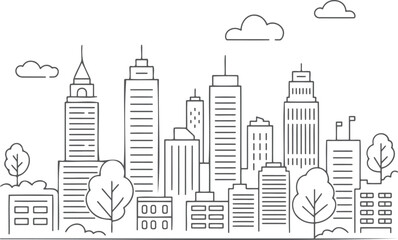 Fototapeta premium Cityscape with skyscrapers trees and clouds line art buildings