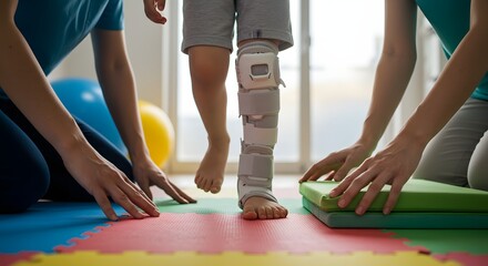 Child's Step in Rehabilitation with Leg Brace