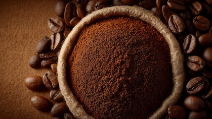 Coffee Beans and Ground Coffee: The rich, aromatic world of coffee is beautifully captured in this close-up shot featuring roasted beans and freshly ground coffee.