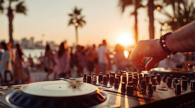 DJ playing music at a sunset beach party