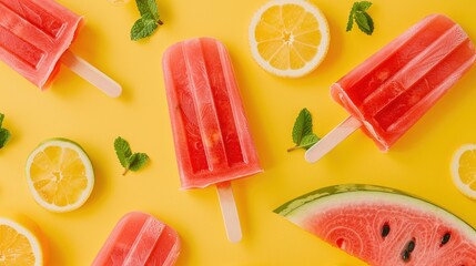 Flat lay of summer colorful popsicles on a yellow background. Top-down view of a frozen dessert. Colorful summer food concept.