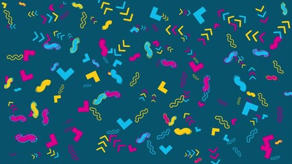 Teal background with colorful 80s shapes. Abstract seamless memphis loop video for presentation, intro, outro, and social media.