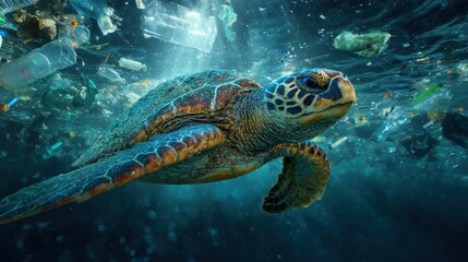 Fototapeta premium Marine Life Struggling with Ocean Plastic Pollution