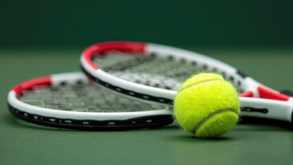 Tennis equipment on grass court: fresh green ball and rackets positioned for match. Professional outdoor lawn tennis scene with summer atmosphere