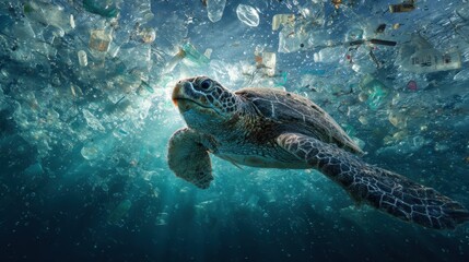 Fototapeta premium Marine Life Struggling with Ocean Plastic Pollution