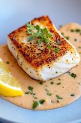 Grilled Fish Fillet with Lemon Garnish