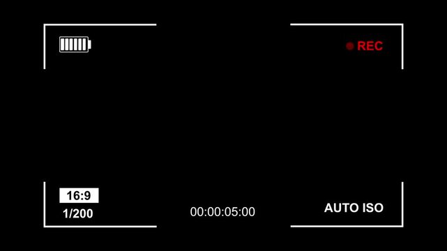 Video camera recorder screen overlay on a transparent background. Camera recording screen, viewfinder on black background.