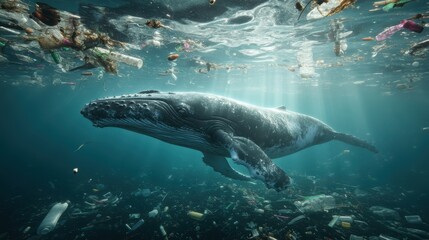 Whale Struggling in Polluted Ocean Water