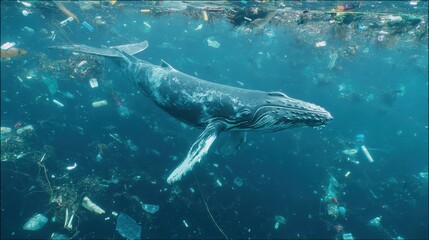 Whale Struggling in Polluted Ocean Water
