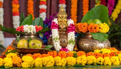 Fototapeta premium Ornate brass vessels adorned with garlands, flowers, and fruits