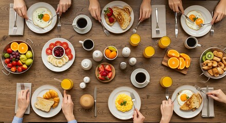 Top View of Group Enjoying Hearty Breakfast Meal Together at a Wooden Table variation 3